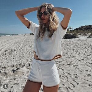 Fore‎ Size M Sepia Trim Pointelle Knit Matching Set Cream Beach Neutral Lounge